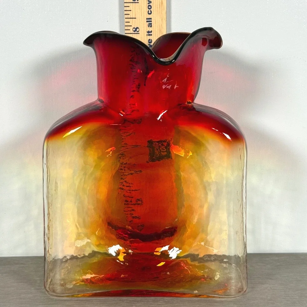 Blenko 2008 Amberina Water Bottle Vase Red Yellow Double Spout 8